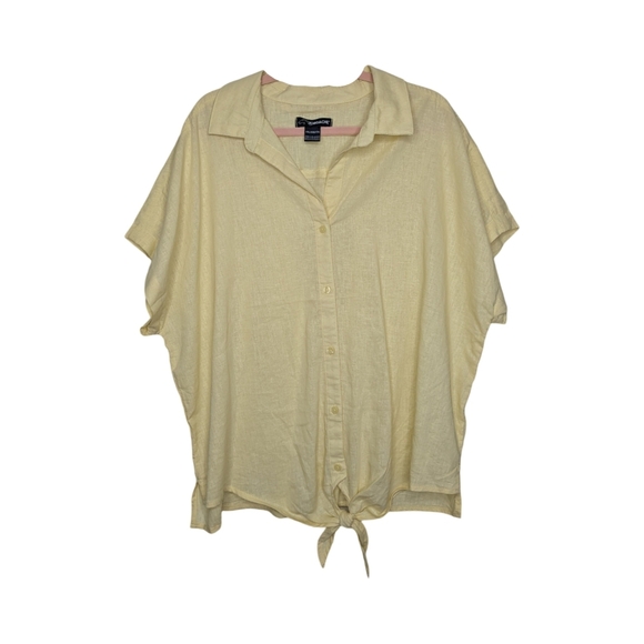 Jordache XXL Linen Blend Yellow Button-Up Tie Front Top - Picture 2 of 11